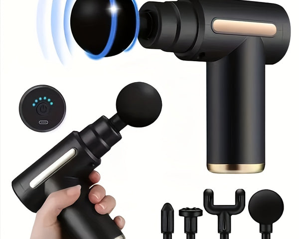 Mini Massage Gun – Portable Deep Tissue Muscle Massager with 6 Speed Levels & 4 Heads