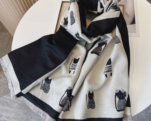 Cute Kitten Plaid Cashmere-Feel Shawl Scarf – Cozy Contrast Color Wrap for Women