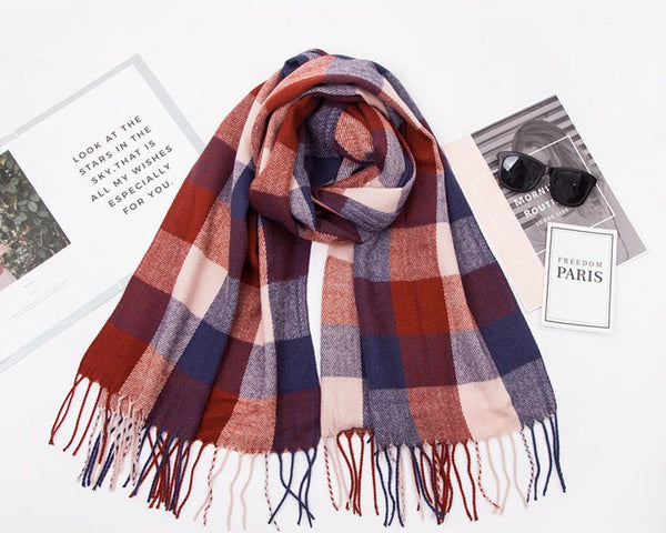 Red Plaid Cashmere-Feel Tassel Scarf – Cozy Double-Sided Winter Shawl for Women