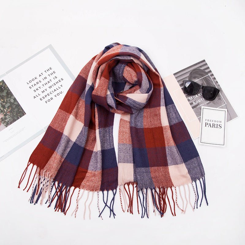 Red Plaid Cashmere-Feel Tassel Scarf – Cozy Double-Sided Winter Shawl for Women