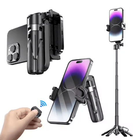 Mini Grip Quadripod Phone Stand with Bluetooth Remote – Portable Foldable Tripod & Grip for iPhone & Android