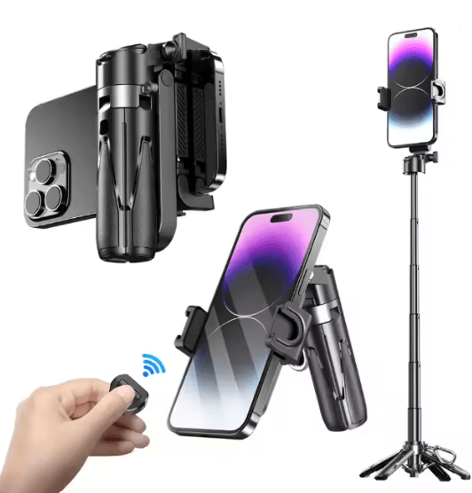Mini Grip Quadripod Phone Stand with Bluetooth Remote – Portable Foldable Tripod & Grip for iPhone & Android