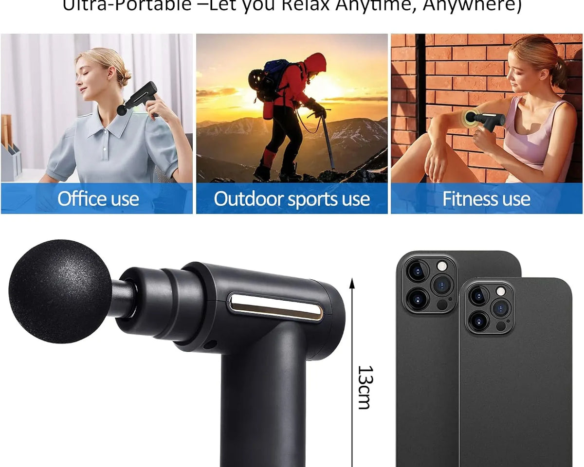 Mini Massage Gun – Portable Deep Tissue Muscle Massager with 6 Speed Levels & 4 Heads