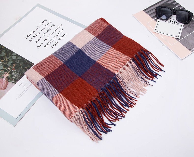 Red Plaid Cashmere-Feel Tassel Scarf – Cozy Double-Sided Winter Shawl for Women