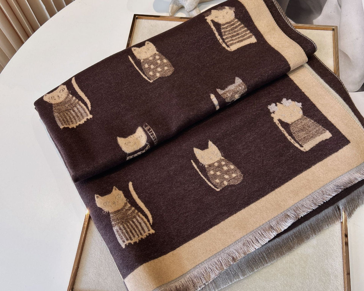 Cute Kitten Plaid Cashmere-Feel Shawl Scarf – Cozy Contrast Color Wrap for Women