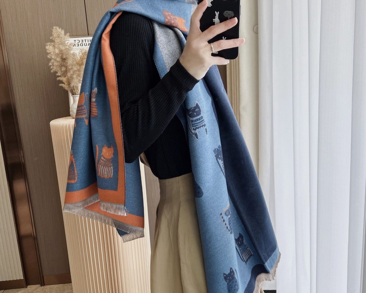 Cute Kitten Plaid Cashmere-Feel Shawl Scarf – Cozy Contrast Color Wrap for Women