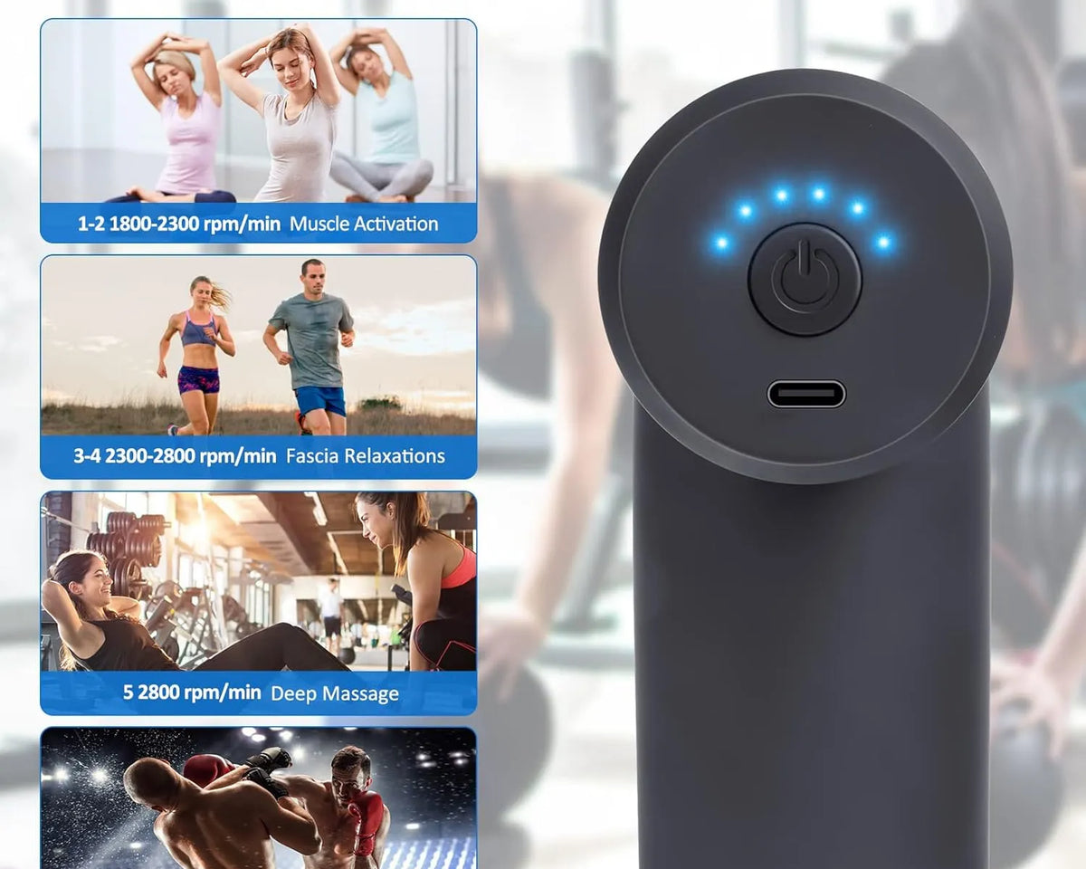 Mini Massage Gun – Portable Deep Tissue Muscle Massager with 6 Speed Levels & 4 Heads