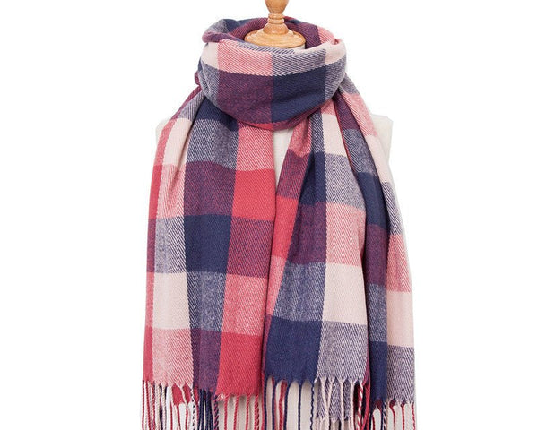 Red Plaid Cashmere-Feel Tassel Scarf – Cozy Double-Sided Winter Shawl for Women