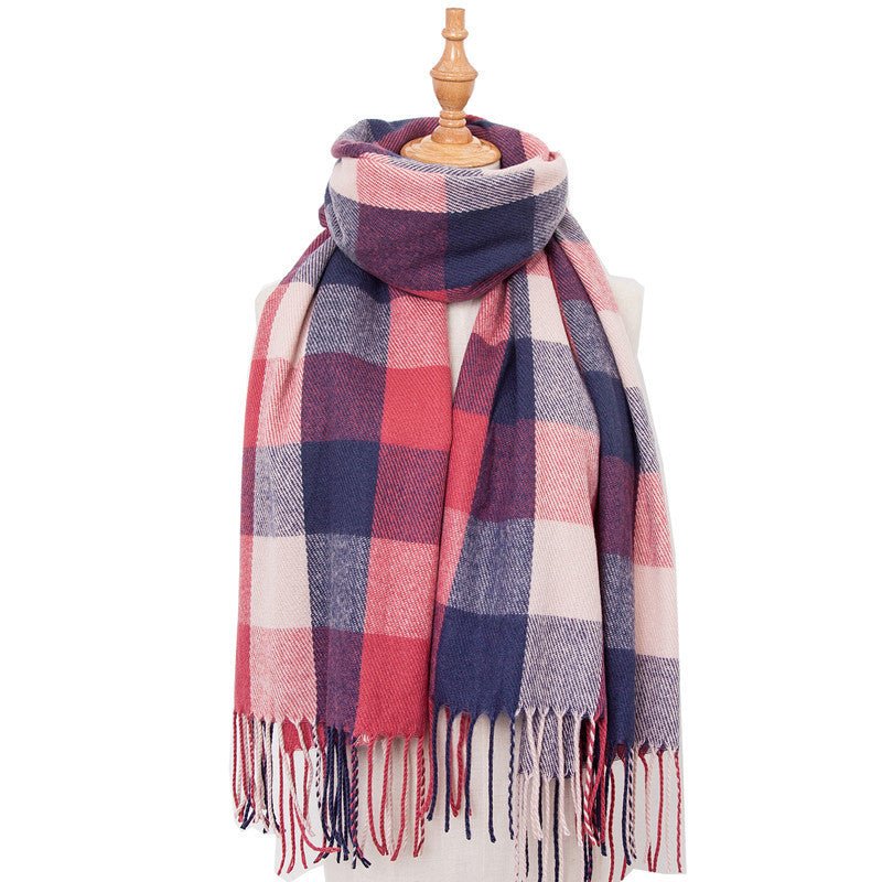 Red Plaid Cashmere-Feel Tassel Scarf – Cozy Double-Sided Winter Shawl for Women